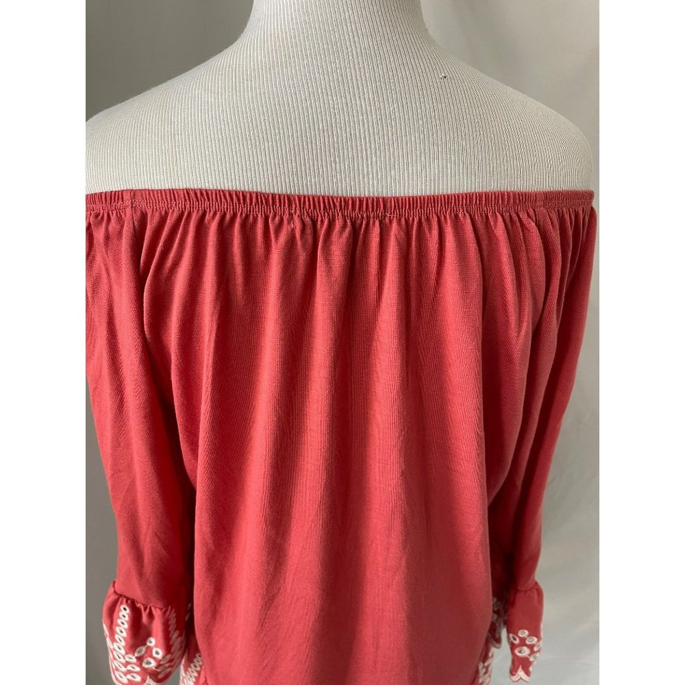 Fever Salmon Flare 3/4 Sleeve Eyelet Embroidered Wide neck Ruffle Bottom Blouse - Picture 6 of 10
